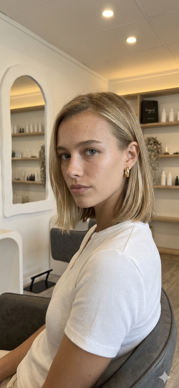 Dirty blonde bob, soft glossy finish